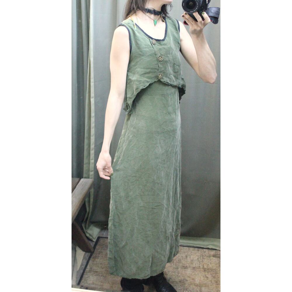 Vtg Nina Piccalino- Olive Green Rayon Maxi Dress
